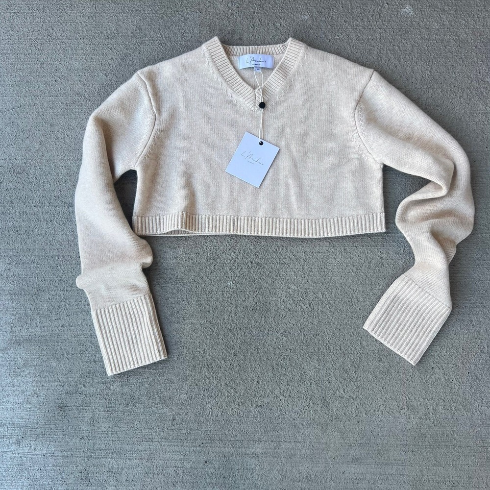 NWT L'Academie Women's Cropped Long Sleeve Pullover Sweater Beige XXS Knit